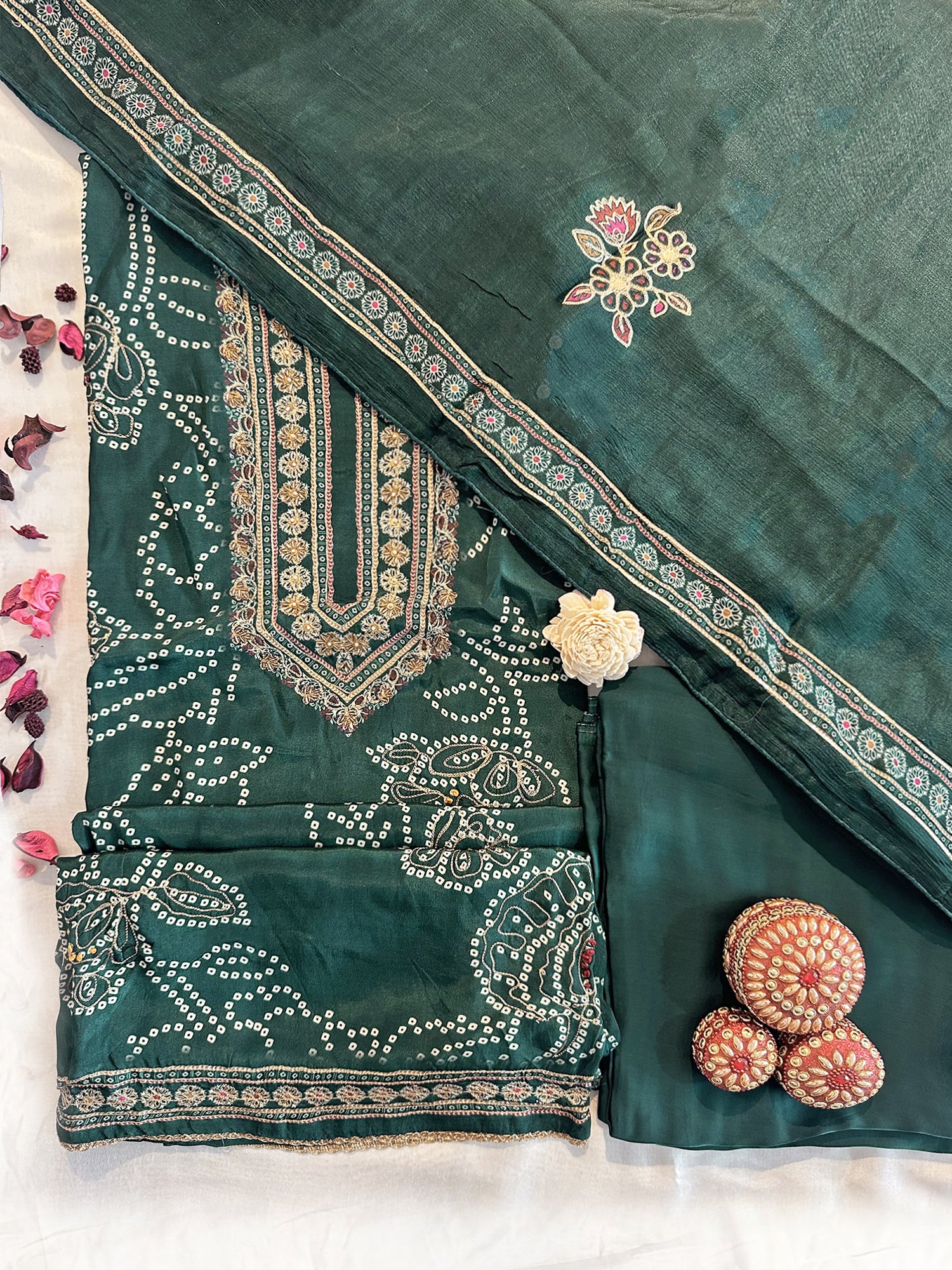Butter Crepe Fabric Unstitched Suit Set Green Color