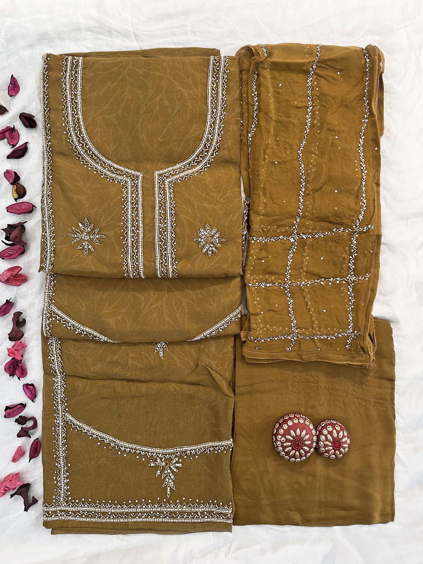 Shimmer Burberry Unstitched Suit Set | Orange, Light Blue, Mehndi Gold