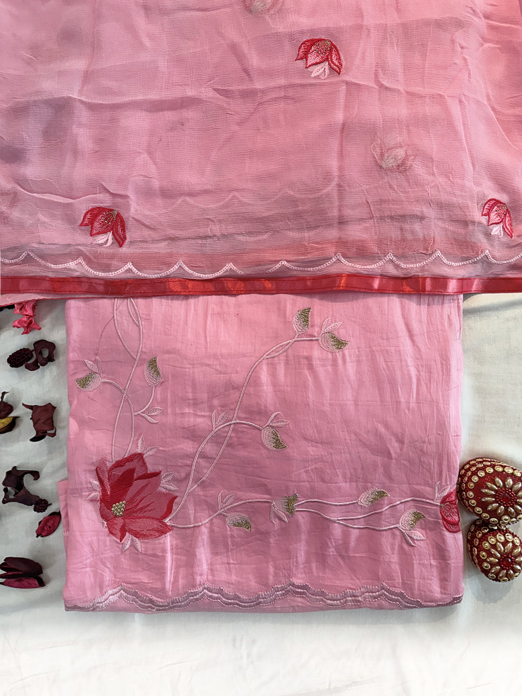 Cotton Fabric Unstitched Suit Set Pink color