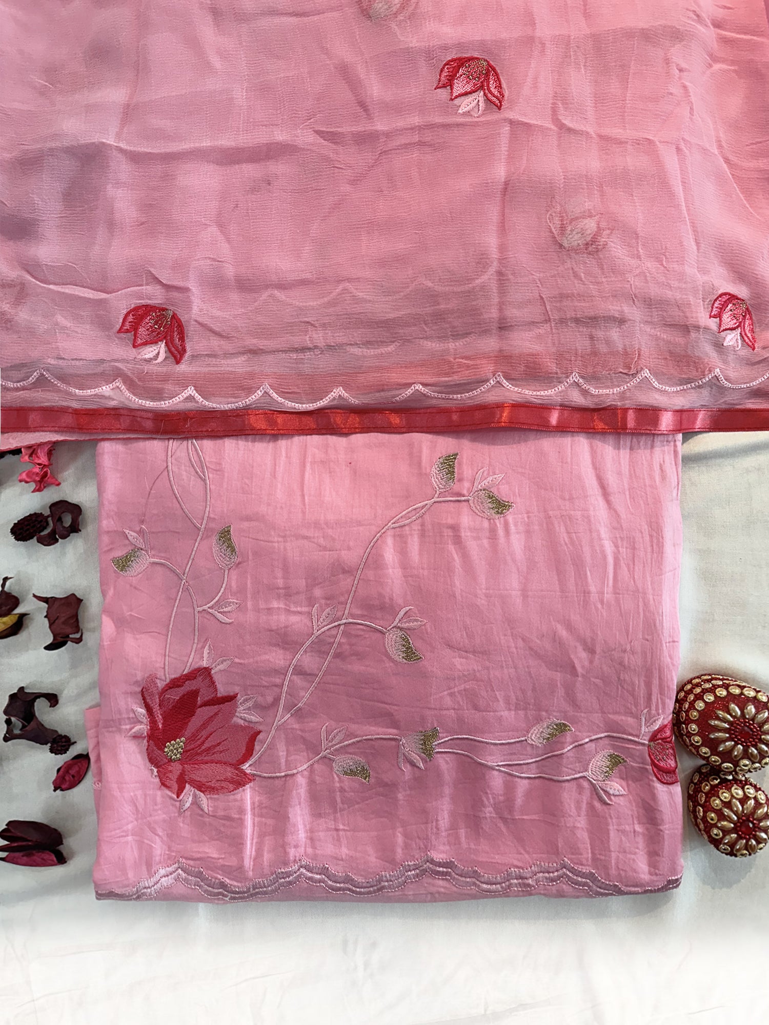 Cotton Fabric Unstitched Suit Set Pink color