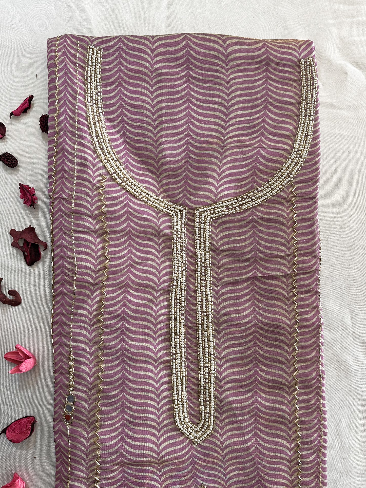 Shimmer Linen Unstitched Suit Set Mustard and purple