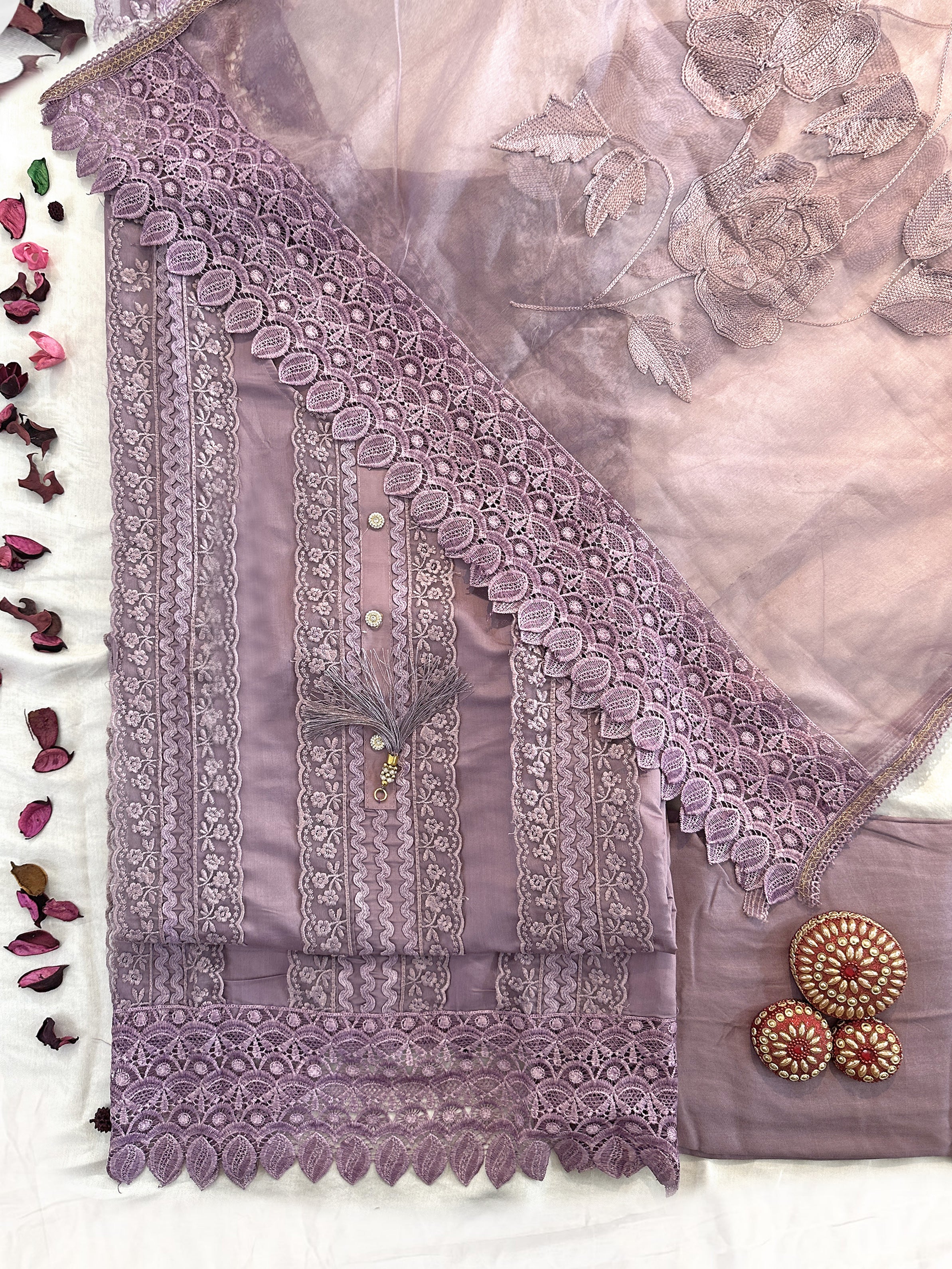 Muslin Cotton Fabric Purple Color Unstitched Suit set