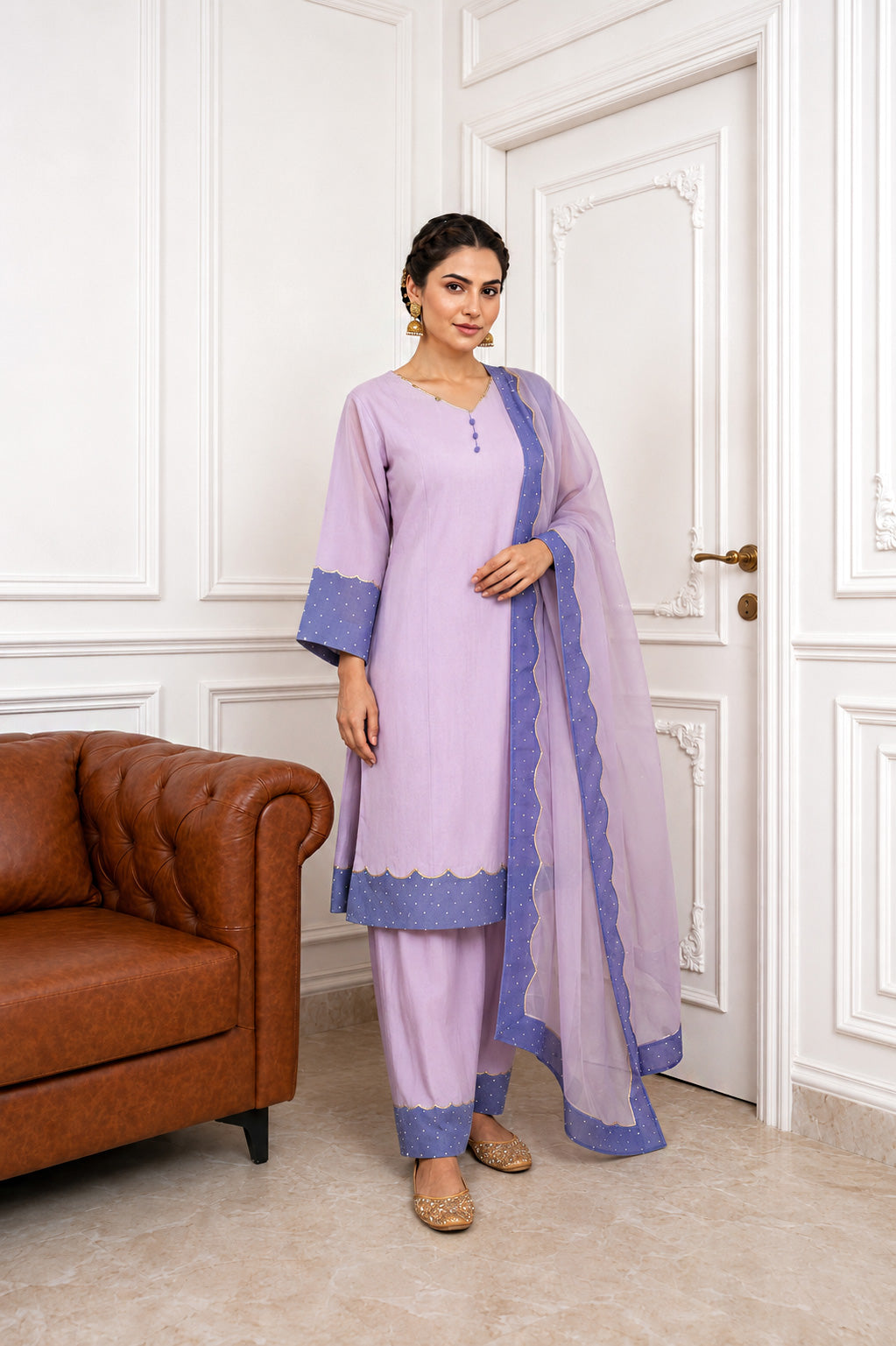 Pastel Straight Pant Suit with Scalloped Dupatta – Lilac & Purple