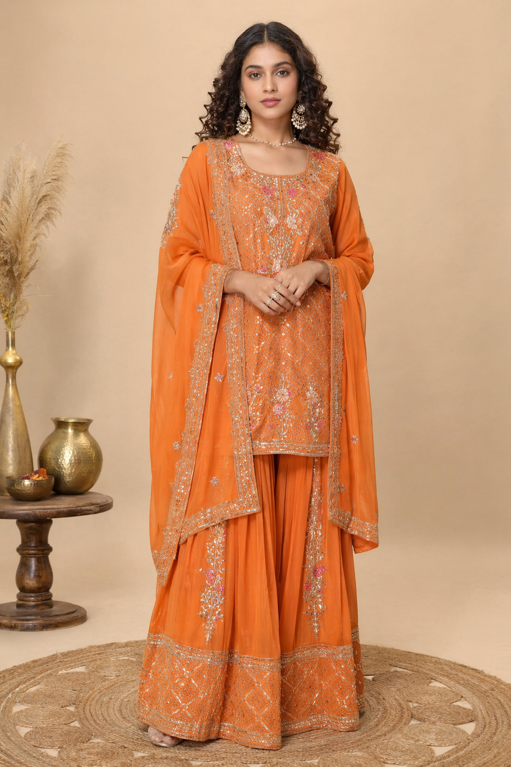 Intricate Embroidered Georgette Sharara Set – Festive Amber Orange