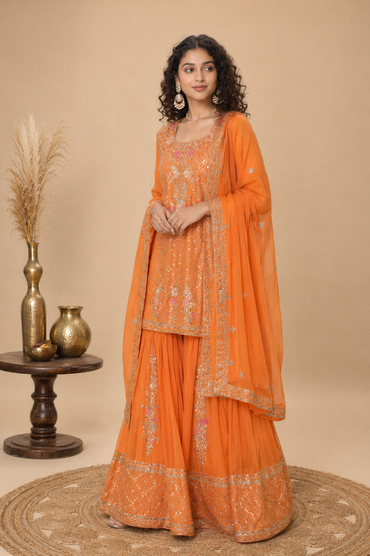 Intricate Embroidered Georgette Sharara Set – Festive Amber Orange