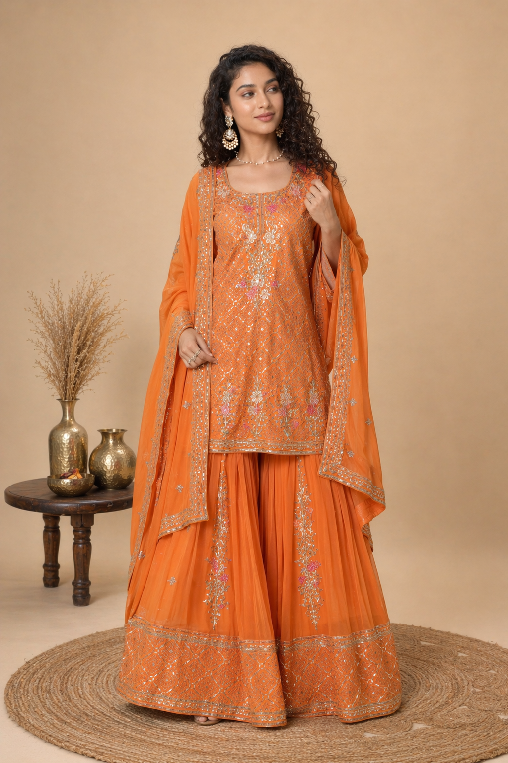 Intricate Embroidered Georgette Sharara Set – Festive Amber Orange