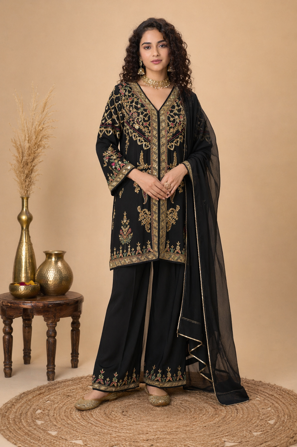 Pakistani-Style Embroidered Palazzo Suit Set – Black & Gold