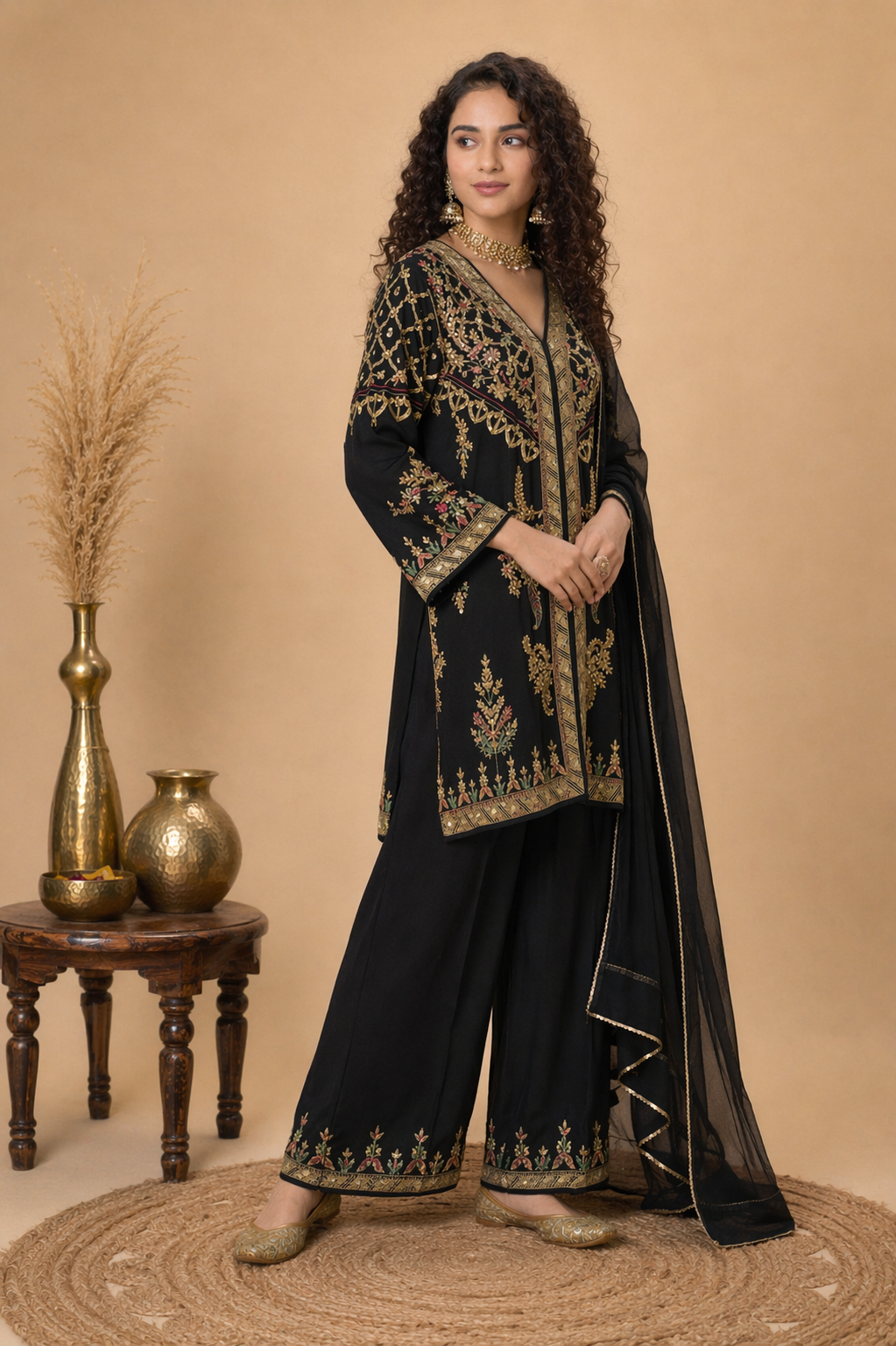 Pakistani-Style Embroidered Palazzo Suit Set – Black & Gold