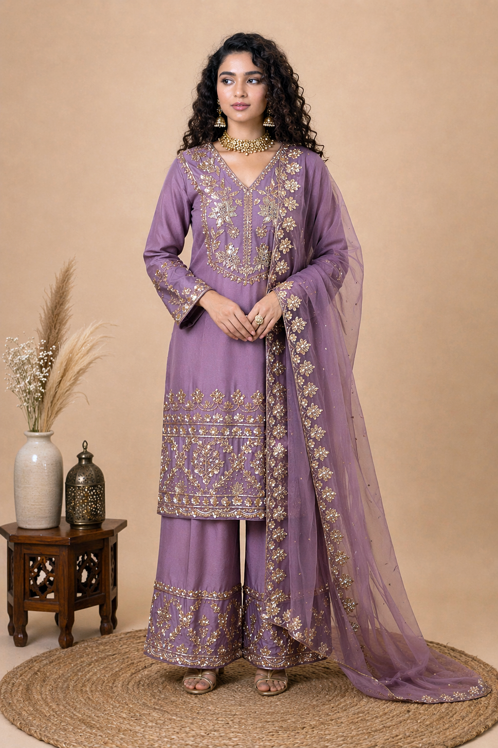 Hand Embroidered Palazzo Suit Set – Mauve Purple