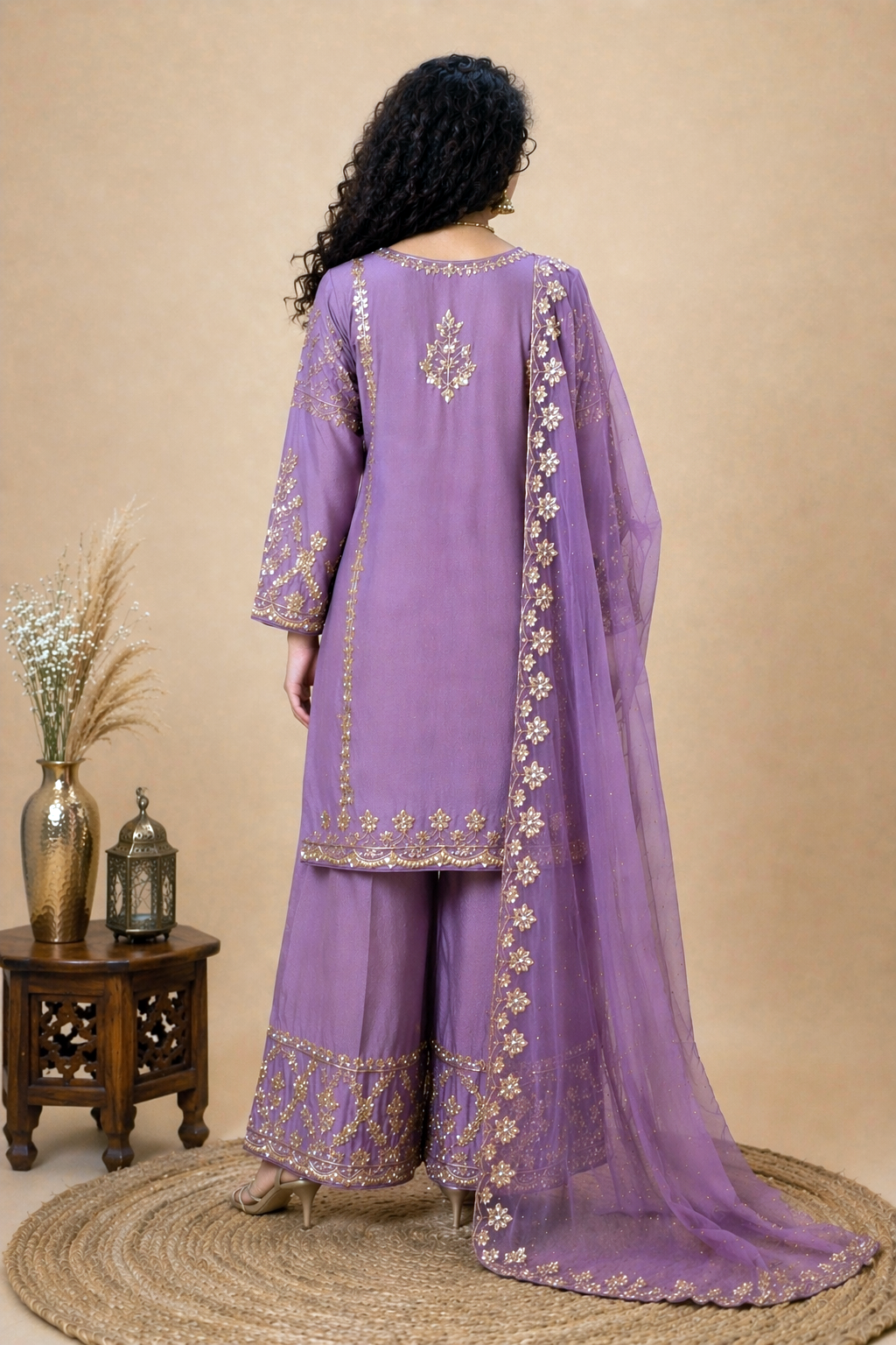 Hand Embroidered Palazzo Suit Set – Mauve Purple