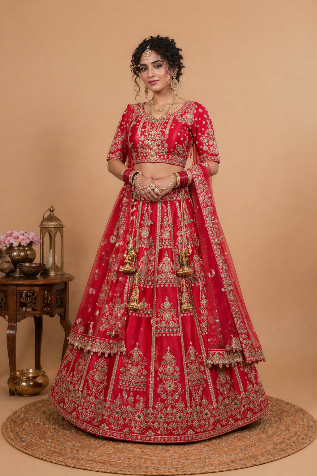 Heavy Embroidered Net Bridal Lehenga Set – Red