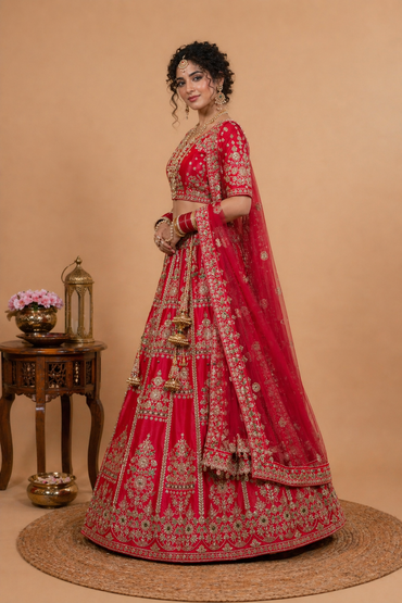 Heavy Embroidered Net Bridal Lehenga Set – Red