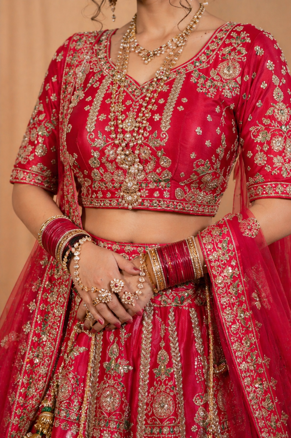Heavy Embroidered Net Bridal Lehenga Set – Red