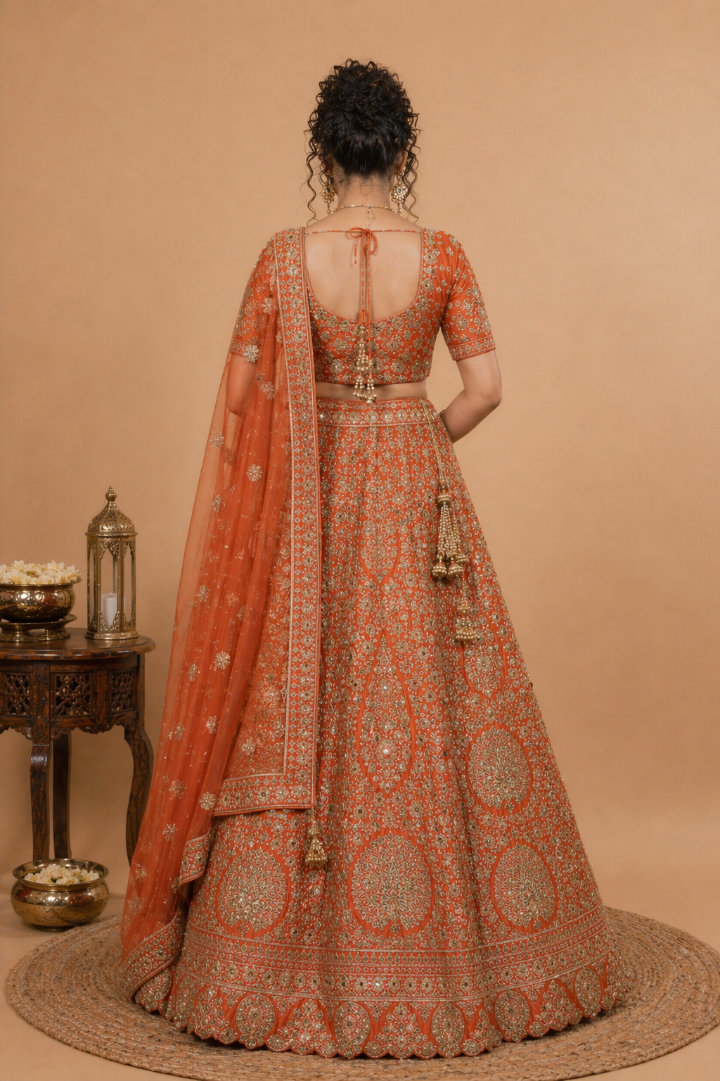 Heavy Embroidered Net Bridal Lehenga Set – Orange