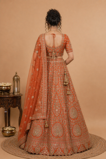 Heavy Embroidered Net Bridal Lehenga Set – Orange