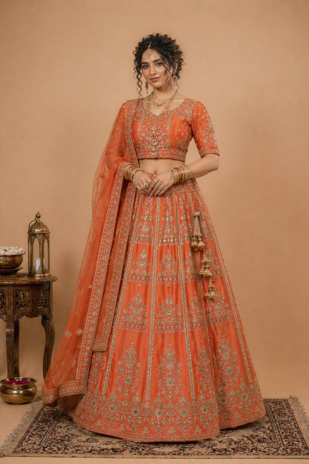 Heavy Embroidered Net Bridal Lehenga Set – Orange