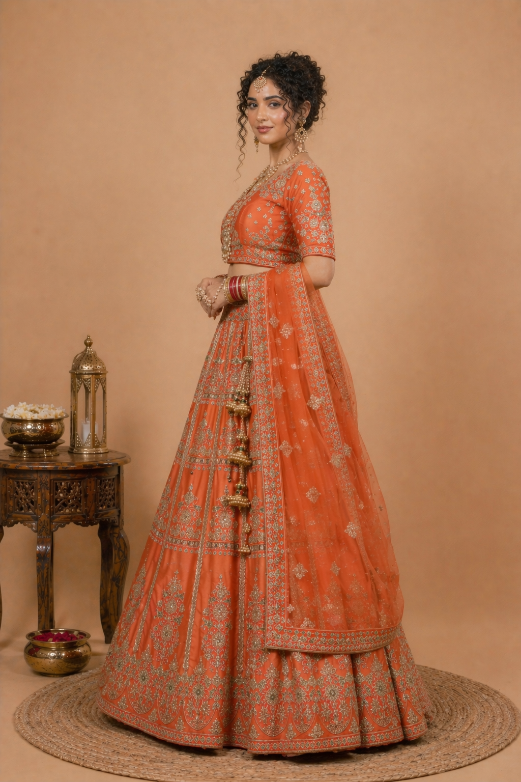 Heavy Embroidered Net Bridal Lehenga Set – Orange