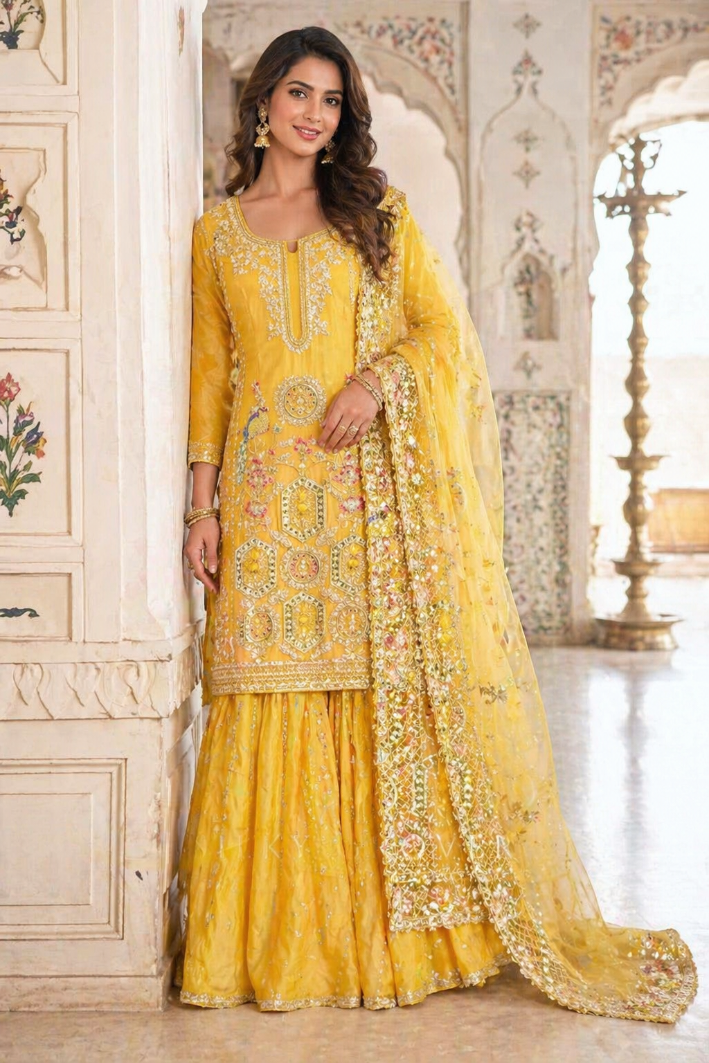 Fine Embroidered Organza Gharara Suit Set – Mustard Yellow