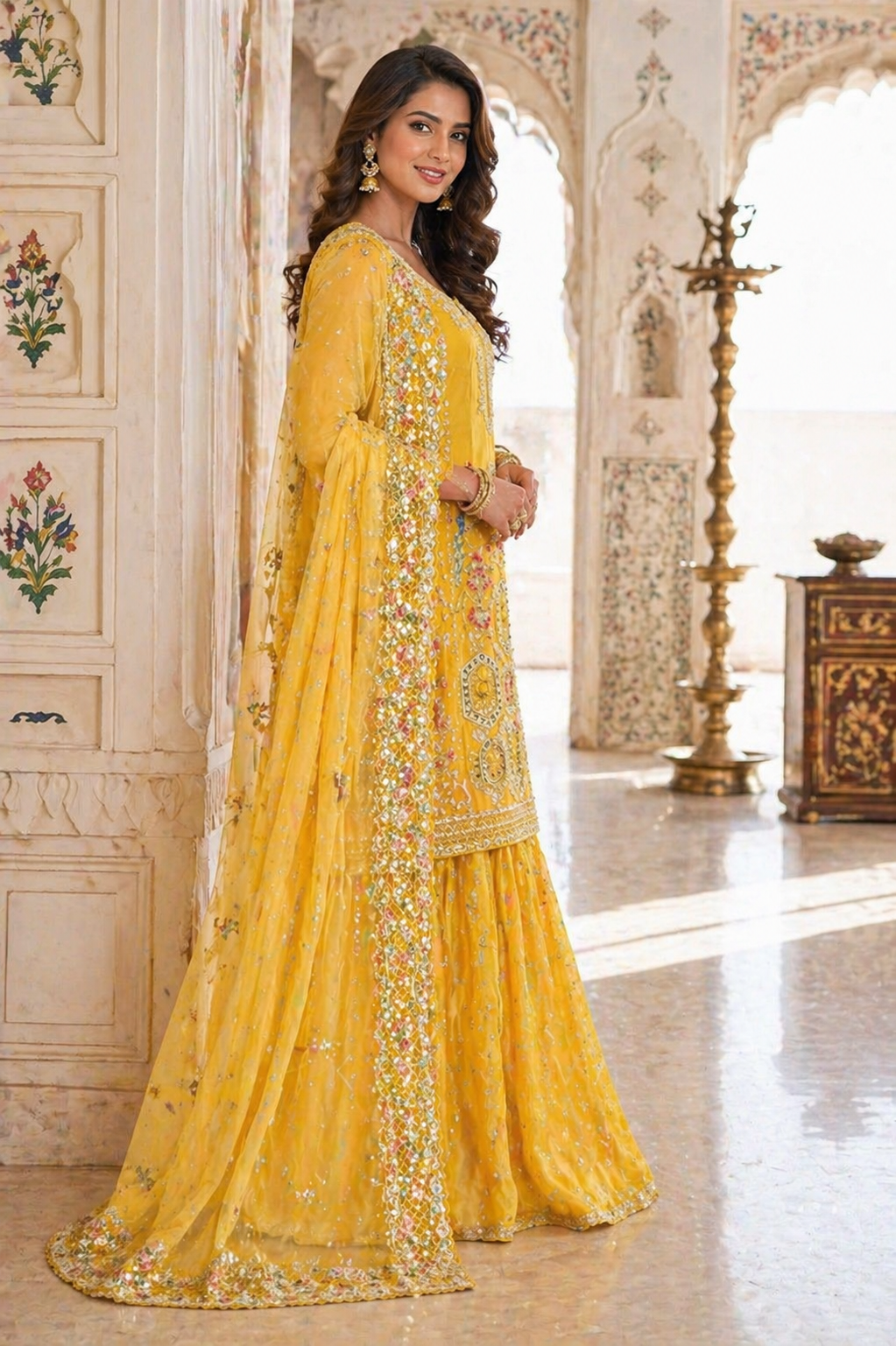 Fine Embroidered Organza Gharara Suit Set – Mustard Yellow