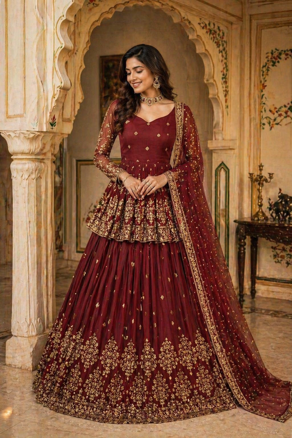 Embroidered Georgette Peplum Lehenga Set – Maroon