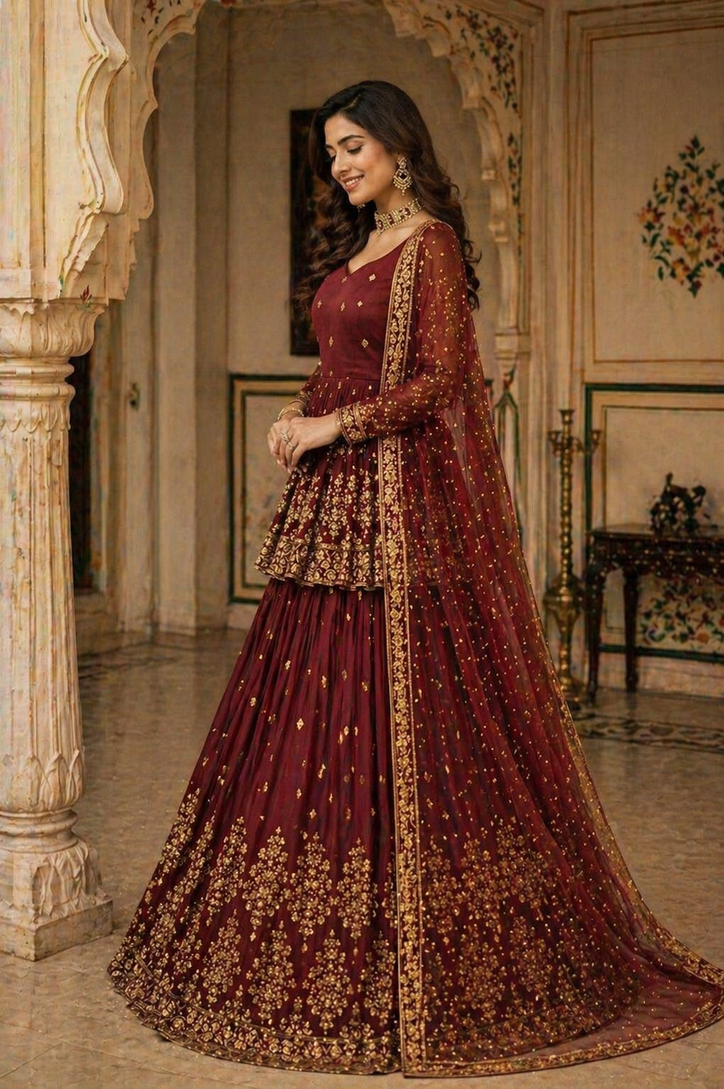 Embroidered Georgette Peplum Lehenga Set – Maroon