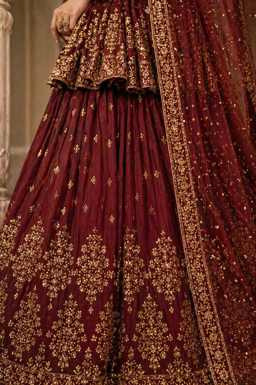 Embroidered Georgette Peplum Lehenga Set – Maroon