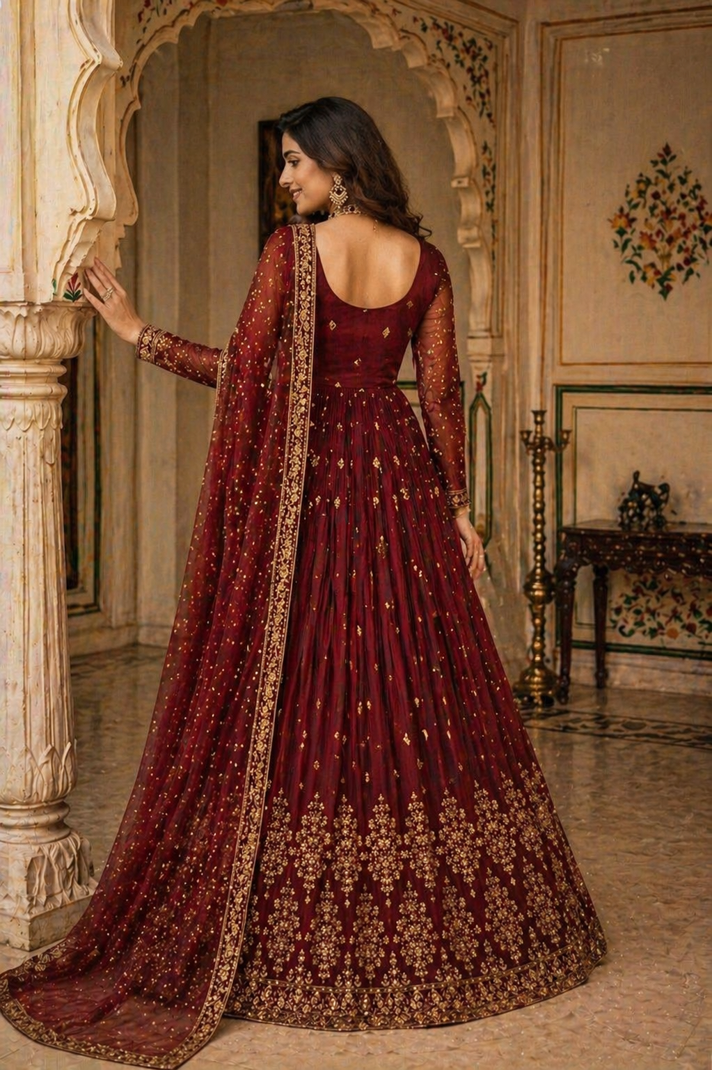 Embroidered Georgette Peplum Lehenga Set – Maroon