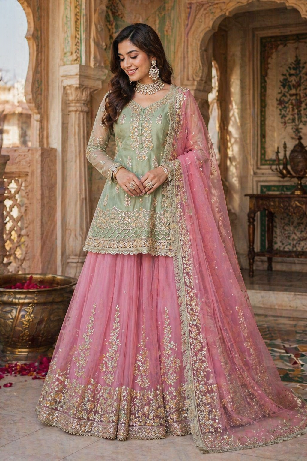 Embroidered Lehenga Set Ready-Made Festive Pista Pink
