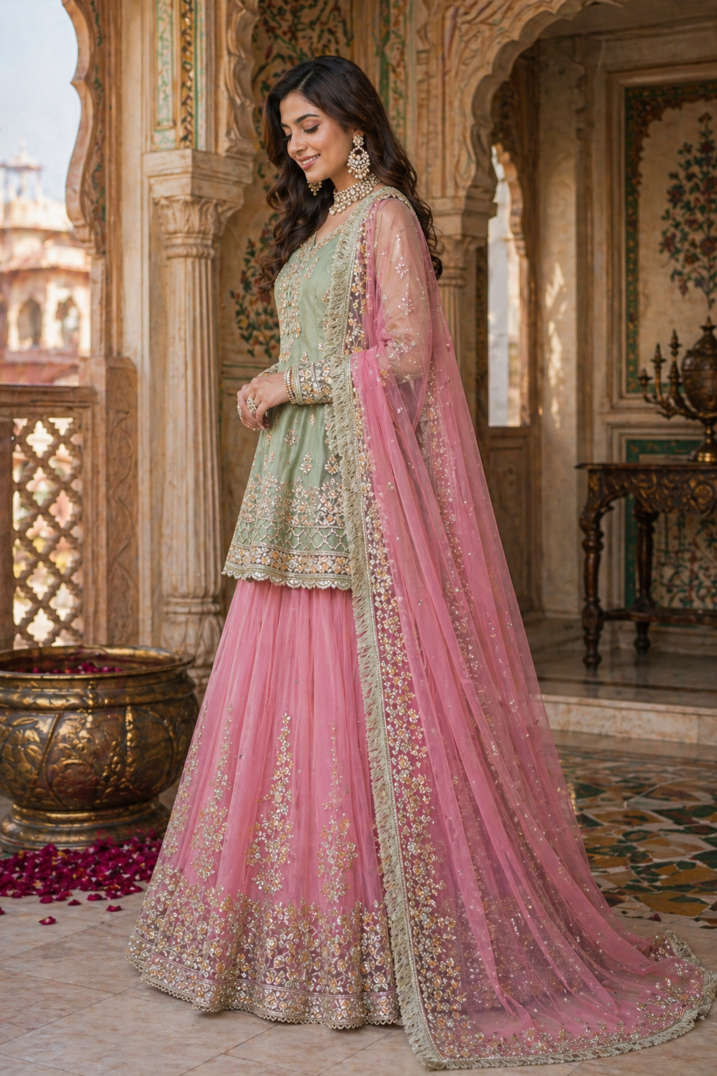 Embroidered Lehenga Set Ready-Made Festive Pista Pink