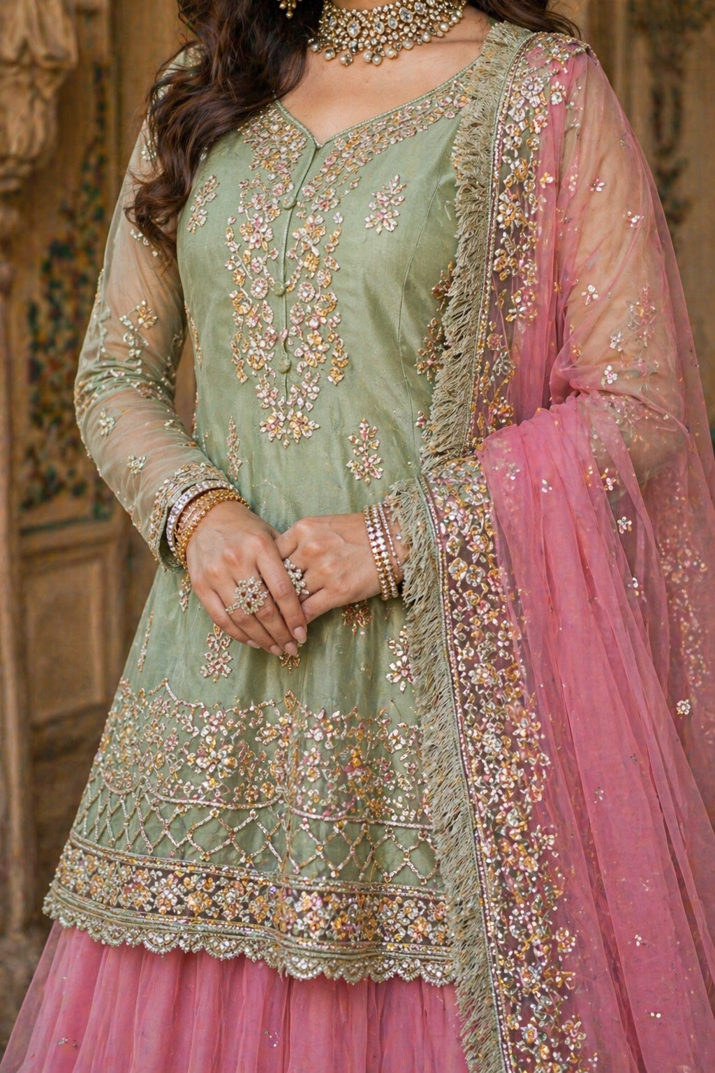 Embroidered Lehenga Set Ready-Made Festive Pista Pink