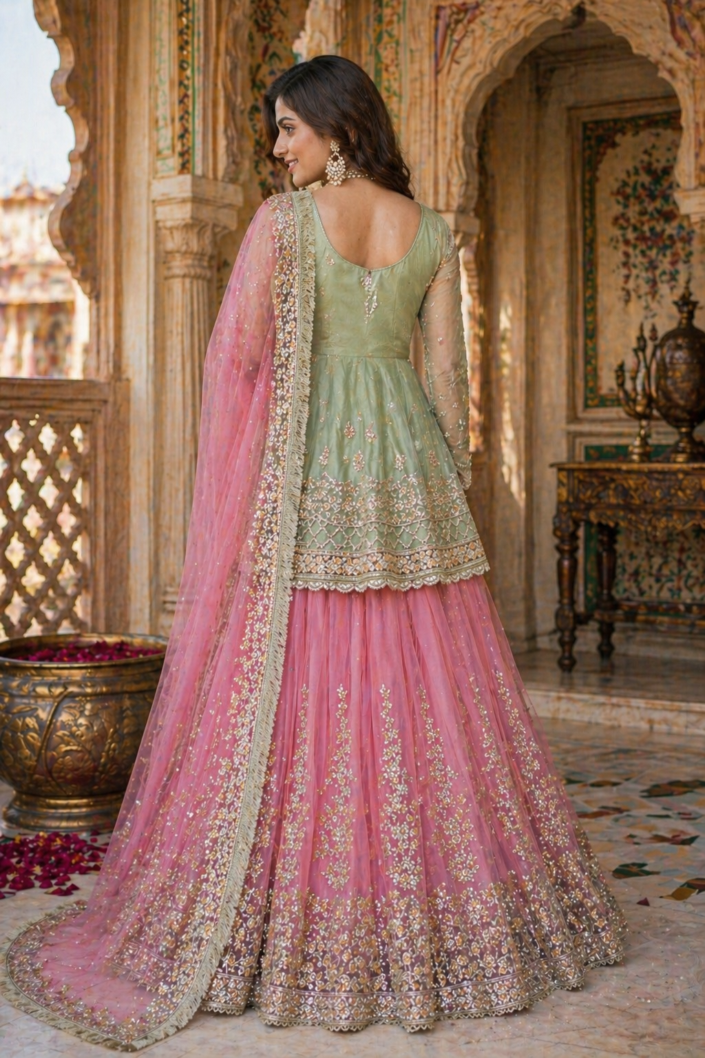 Embroidered Lehenga Set Ready-Made Festive Pista Pink