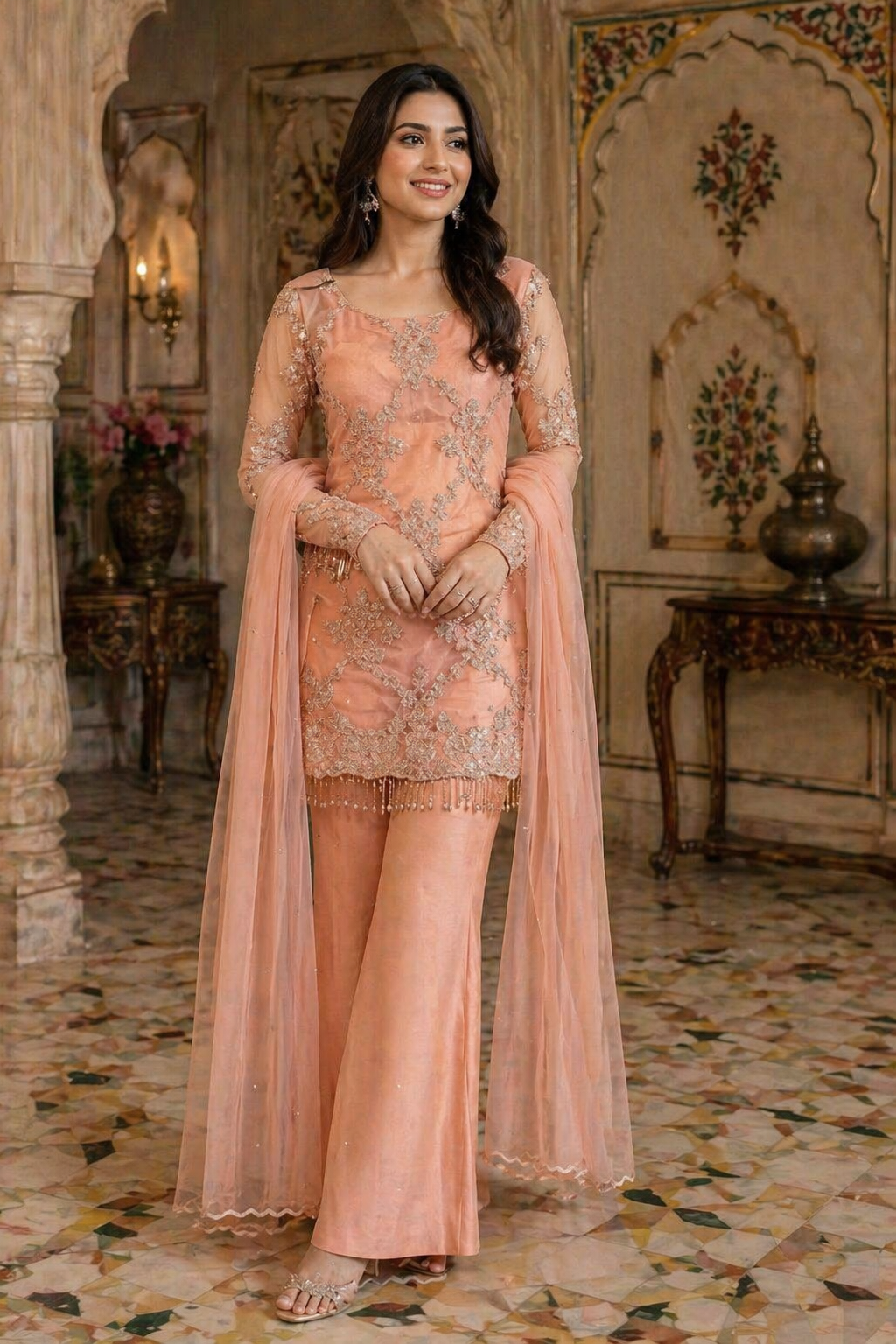 Embroidered Net Bell Bottom Palazzo Suit Set – Peach