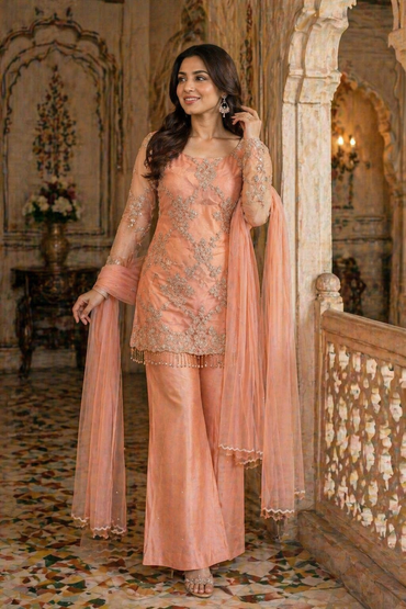 Embroidered Net Bell Bottom Palazzo Suit Set – Peach