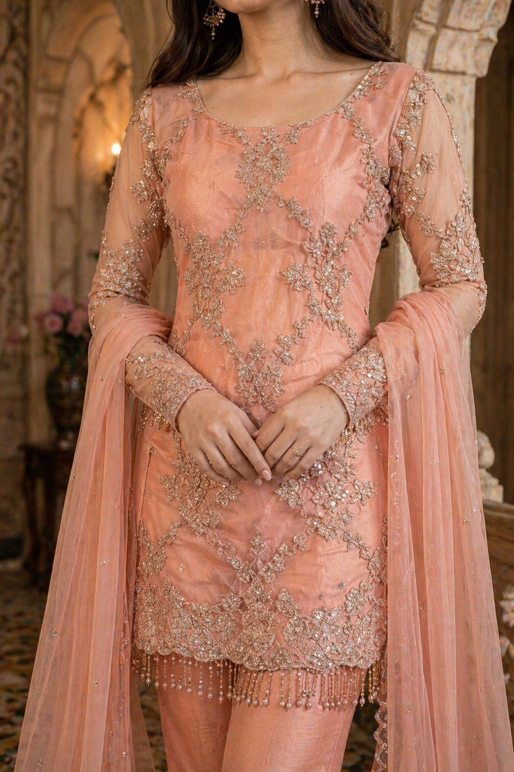 Embroidered Net Bell Bottom Palazzo Suit Set – Peach