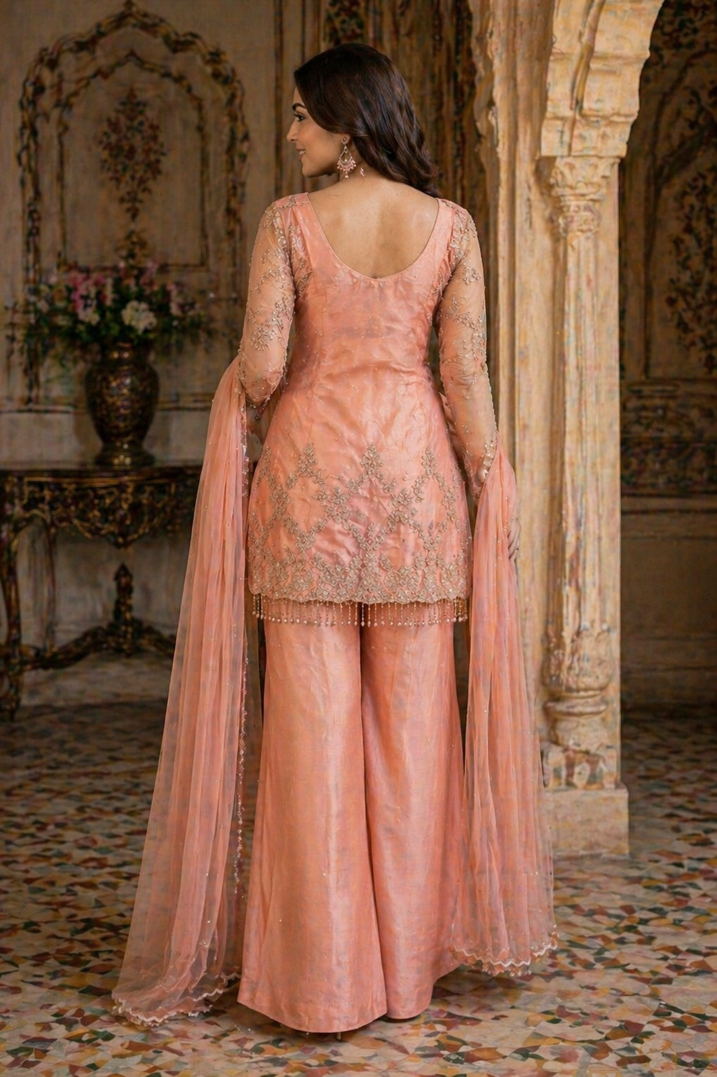 Embroidered Net Bell Bottom Palazzo Suit Set – Peach