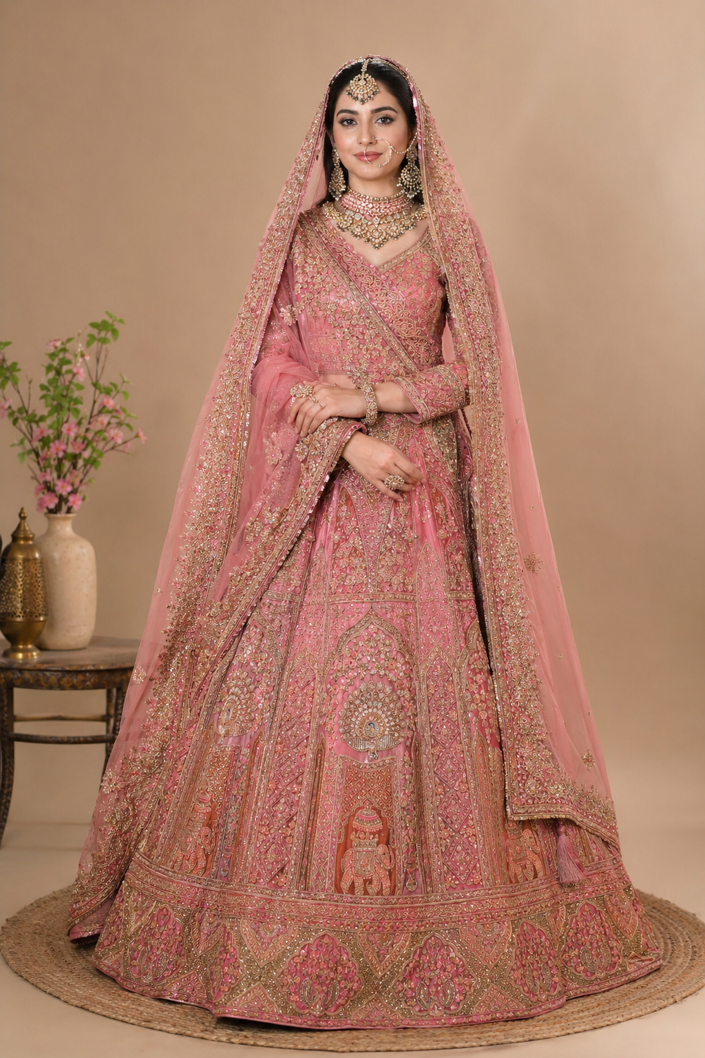 Heavy Embroidered Net Bridal Lehenga Set – Blush Pink