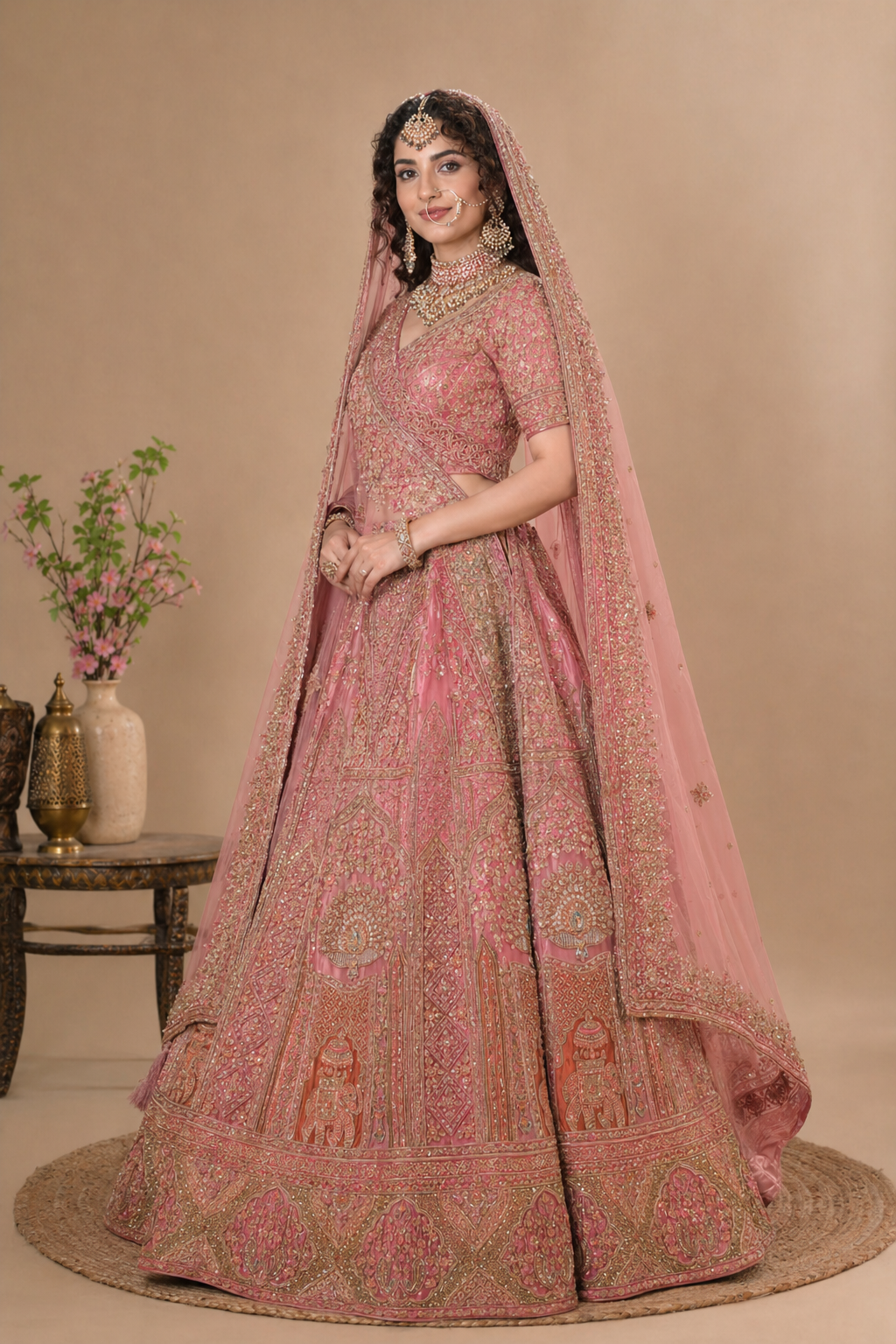 Heavy Embroidered Net Bridal Lehenga Set – Blush Pink