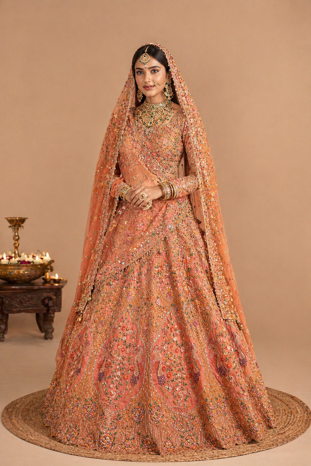 Heavy Embroidered Silk Net Bridal Lehenga Set – Peach Orange