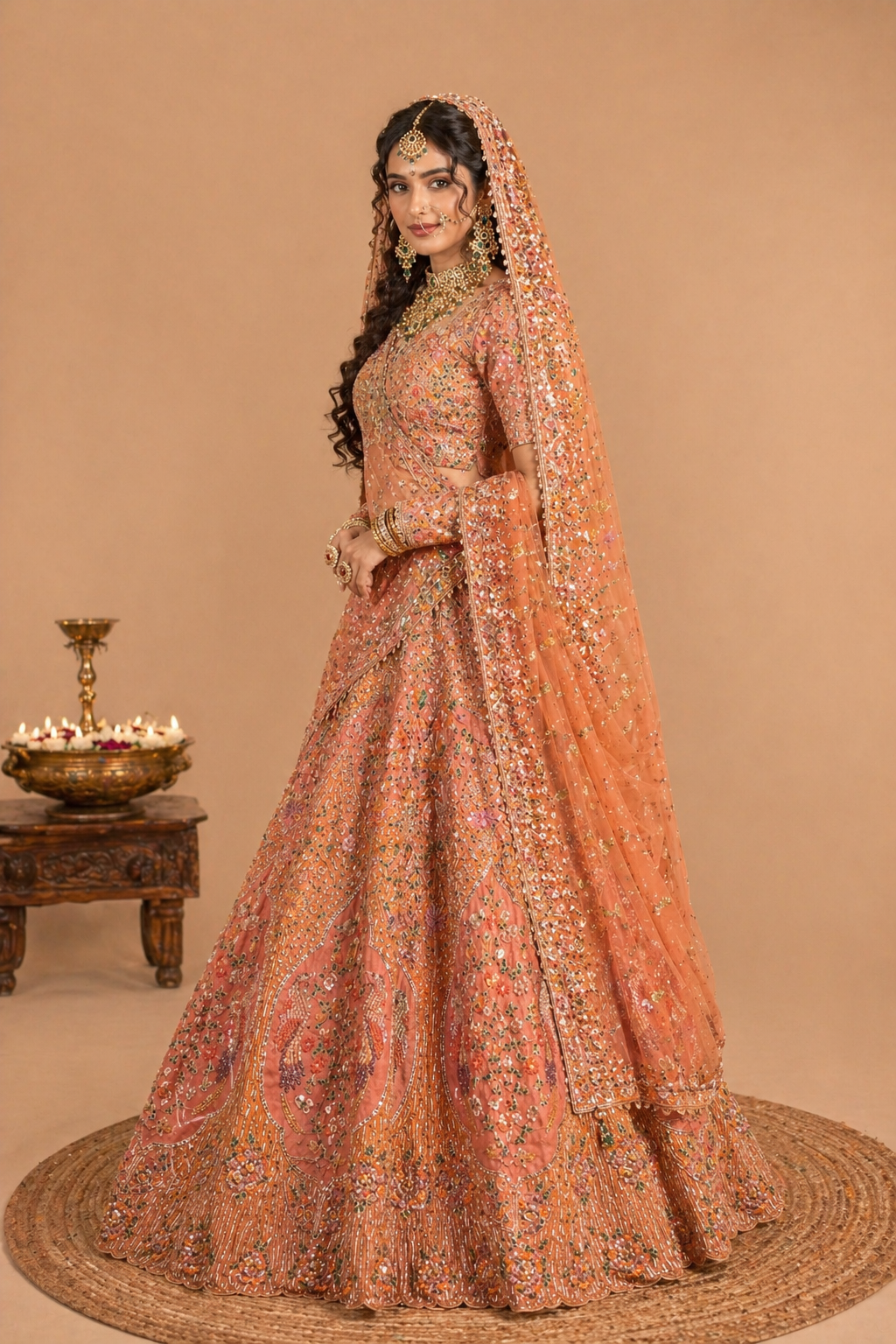 Heavy Embroidered Silk Net Bridal Lehenga Set – Peach Orange
