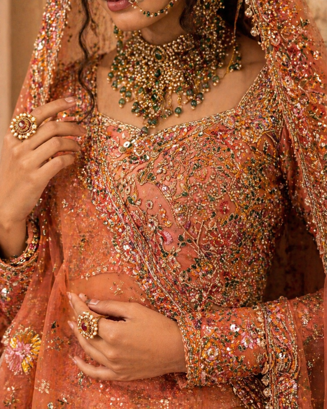 Heavy Embroidered Silk Net Bridal Lehenga Set – Peach Orange