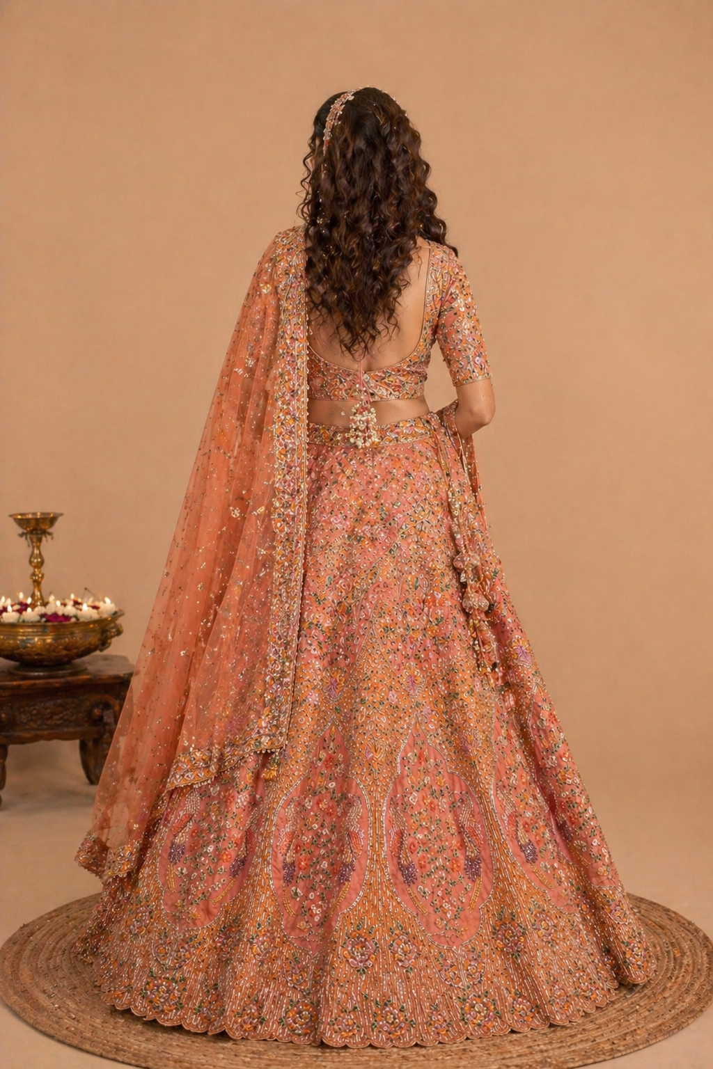 Heavy Embroidered Silk Net Bridal Lehenga Set – Peach Orange