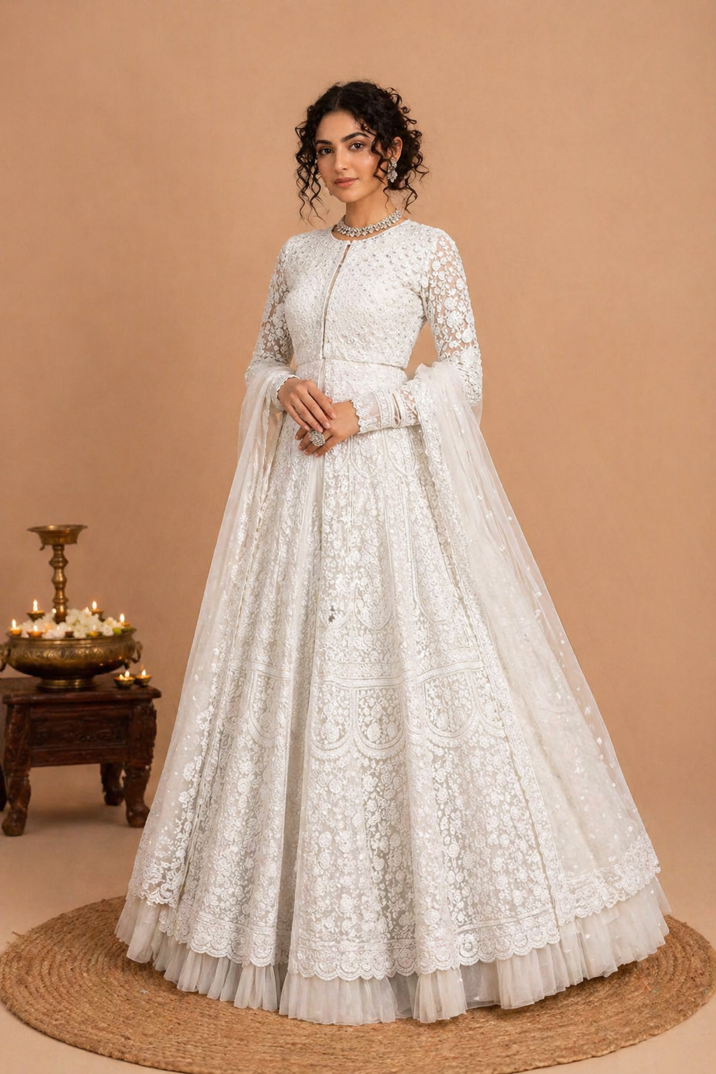 Heavy Embroidered Off-White Floor-Length Anarkali Suit Set – Ivory