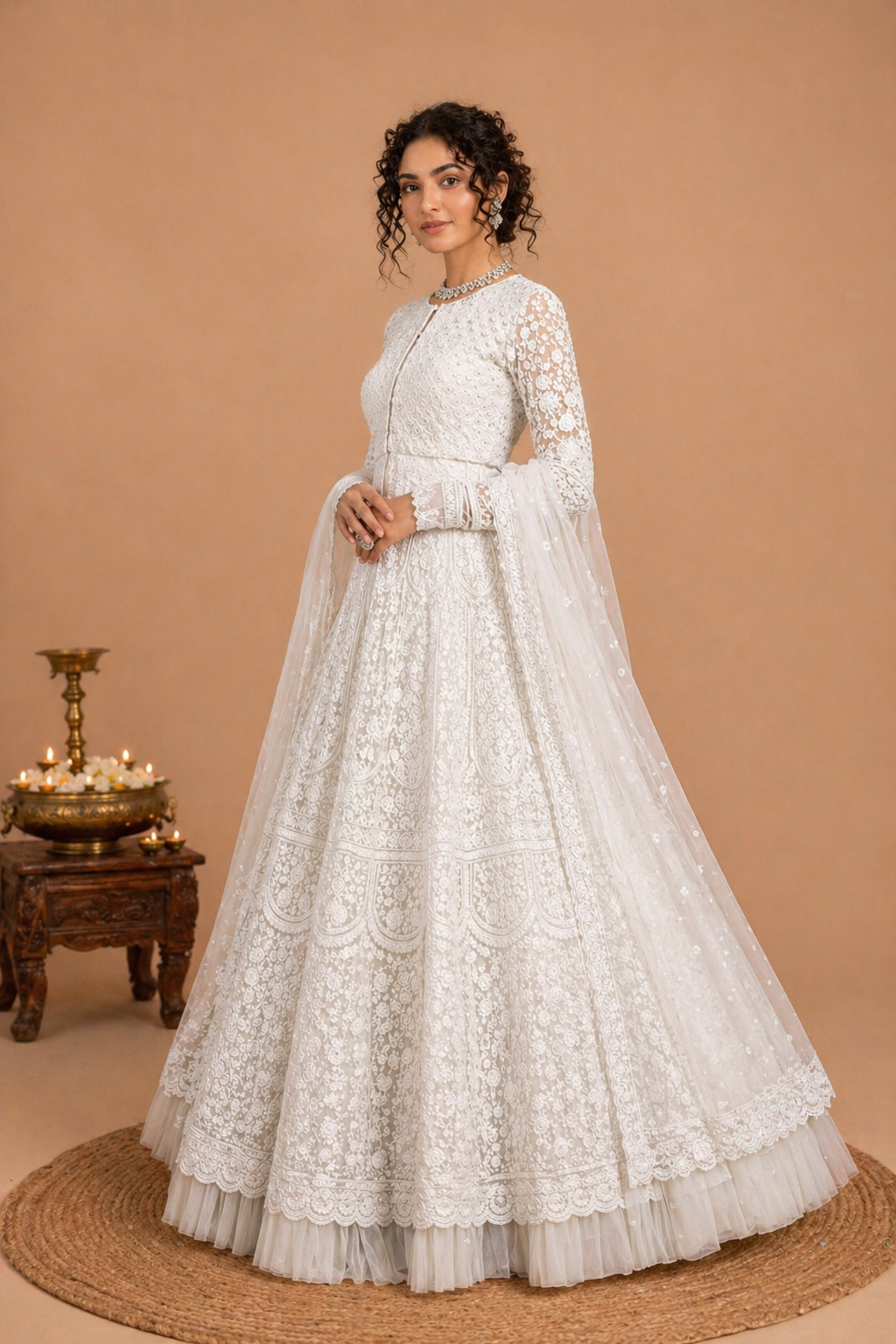 Heavy Embroidered Off-White Floor-Length Anarkali Suit Set – Ivory