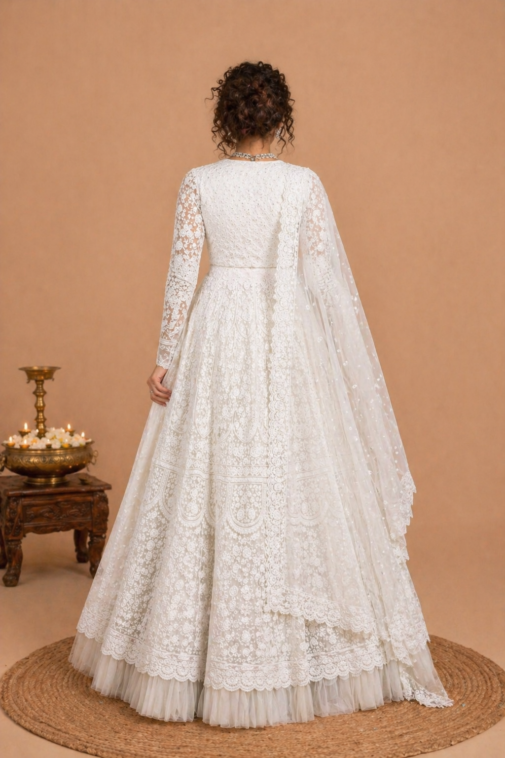 Heavy Embroidered Off-White Floor-Length Anarkali Suit Set – Ivory