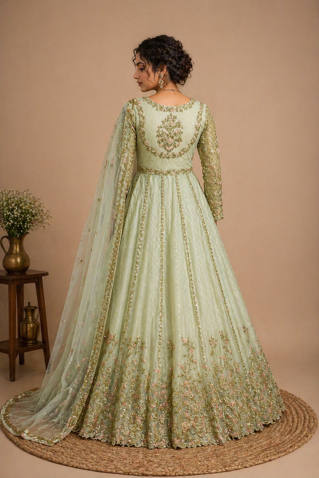 Premium Embroidered Net Anarkali Suit Set – Pastel Green
