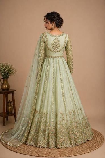 Premium Embroidered Net Anarkali Suit Set – Pastel Green