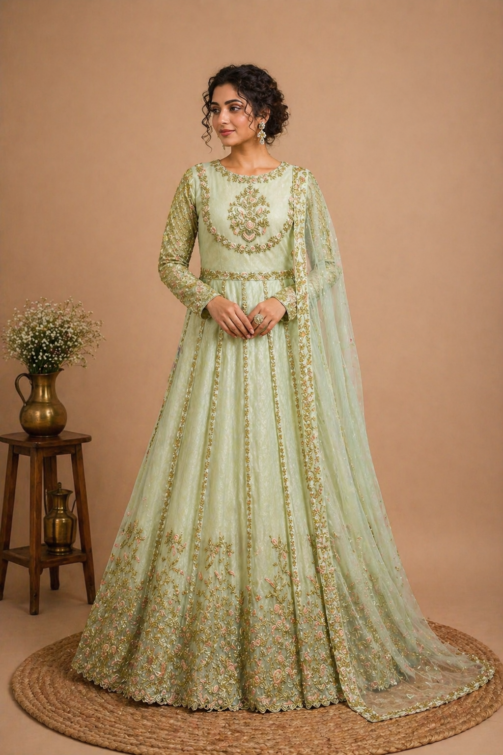 Premium Embroidered Net Anarkali Suit Set – Pastel Green