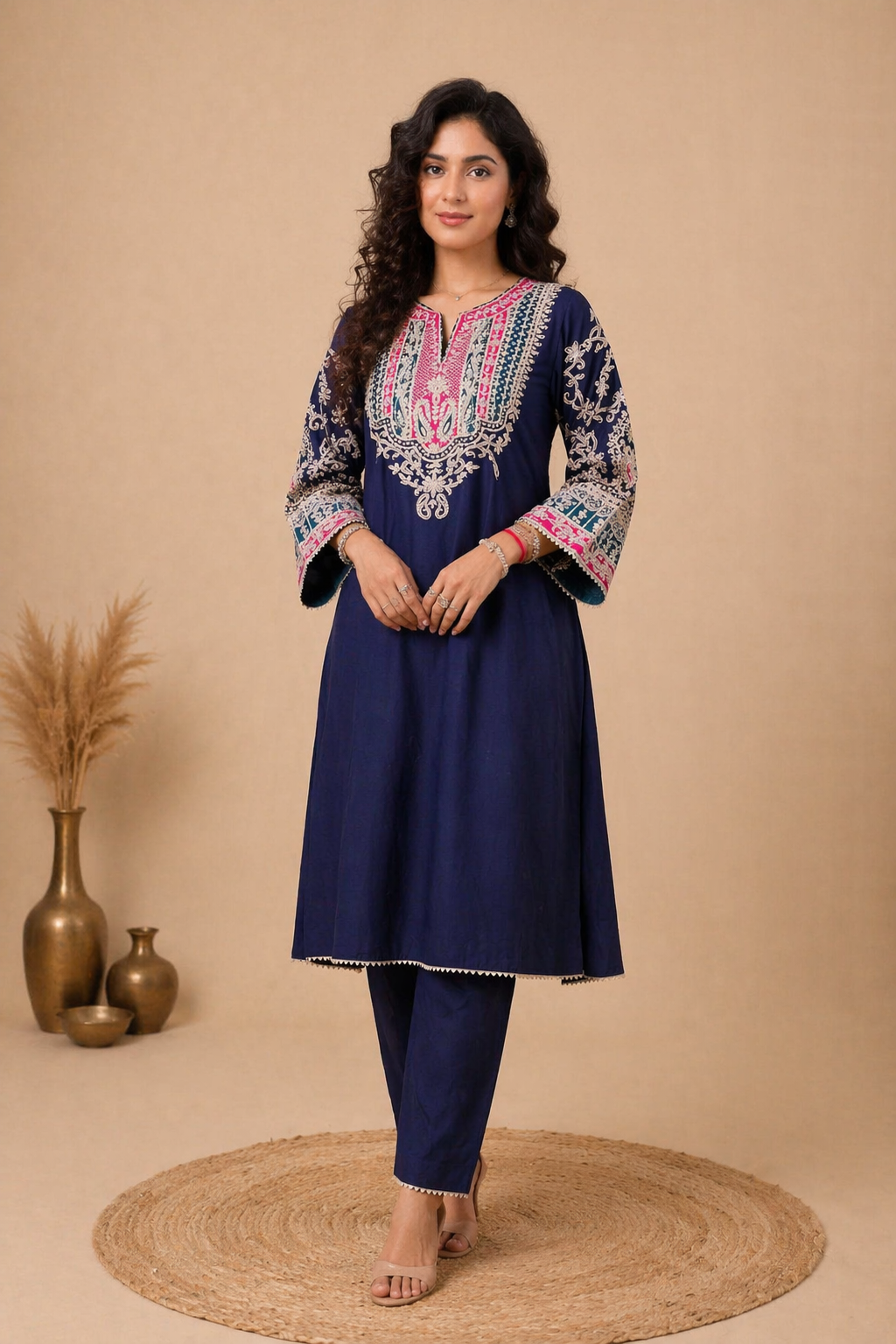 A-Line Suit Set with Intricate Neck & Sleeves Floral Embroidery - Navy Blue