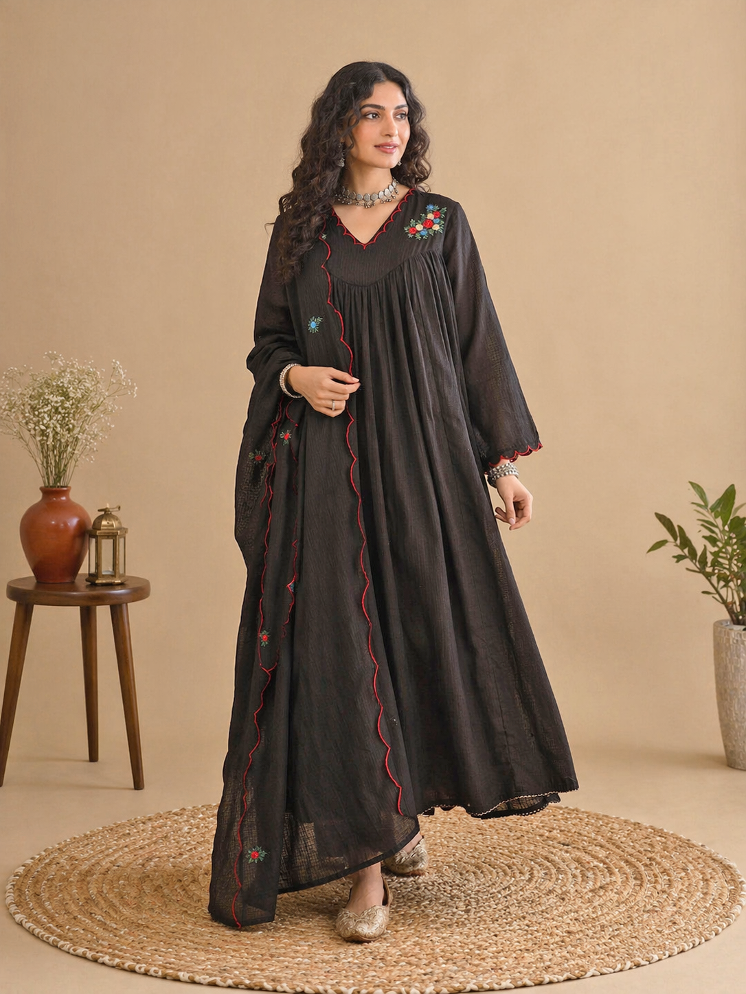 Embroidered Black Georgette Anarkali Set - Traditional Black