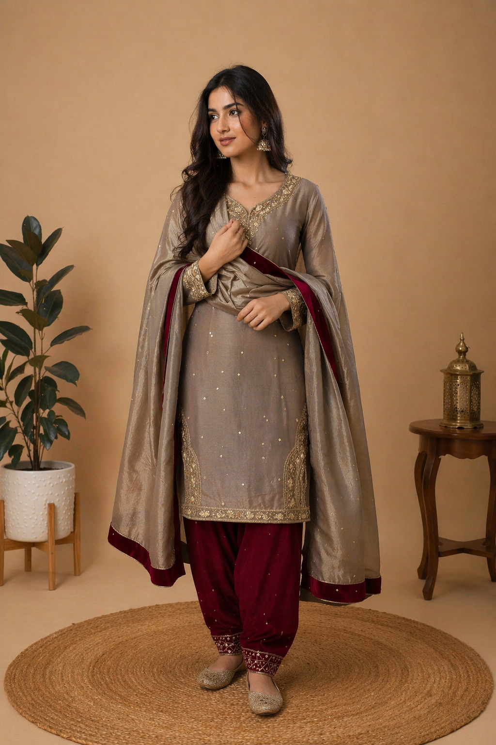 Zardozi Silk Kurta with Velvet Patiala Set - Beige Maroon